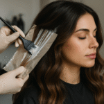 Uma pessoa com longos cabelos castanhos senta-se calmamente enquanto outra pessoa aplica a tintura de cabelo com um pincel, usando uma folha de proteção. A pessoa que aplica a tintura está usando luvas. Os produtos do salão de beleza estão visíveis ao fundo.