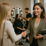 Duas mulheres estão se cumprimentando e sorrindo dentro de um salão de cabeleireiro. Uma delas segura uma prancheta, enquanto, ao fundo, um cabeleireiro trabalha com uma cliente sentada em frente a um espelho. Grandes janelas permitem a entrada de luz natural.