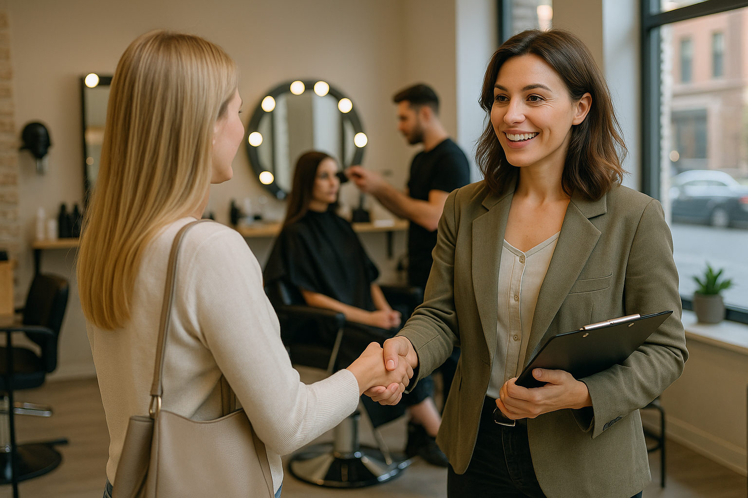 Duas mulheres estão se cumprimentando e sorrindo dentro de um salão de cabeleireiro. Uma delas segura uma prancheta, enquanto, ao fundo, um cabeleireiro trabalha com uma cliente sentada em frente a um espelho. Grandes janelas permitem a entrada de luz natural.