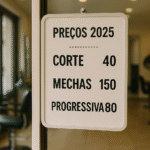 Uma placa branca dentro de um salão de cabeleireiro exibe preços de 2025 em português para corte de cabelo (40), luzes (150) e escova progressiva (80). O interior do salão, com cadeiras e espelhos, pode ser visto ao fundo.