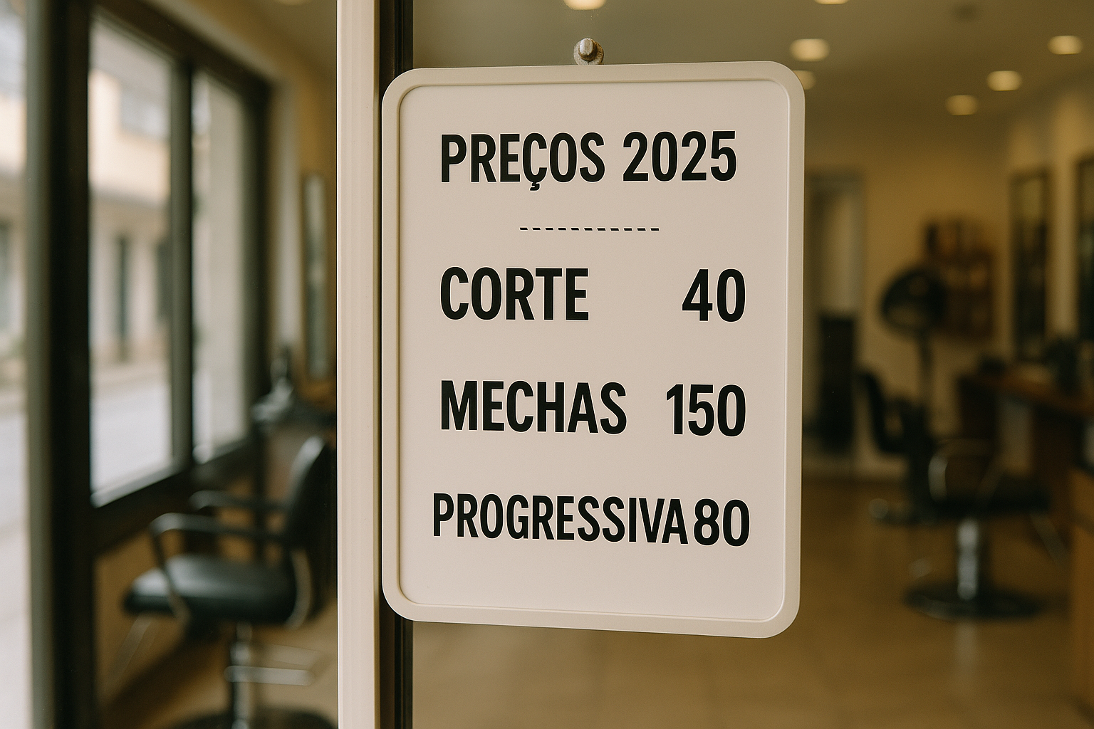 Uma placa branca dentro de um salão de cabeleireiro exibe preços de 2025 em português para corte de cabelo (40), luzes (150) e escova progressiva (80). O interior do salão, com cadeiras e espelhos, pode ser visto ao fundo.