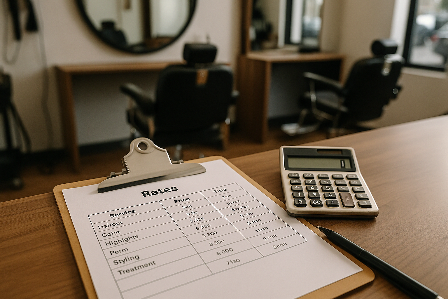 Uma prancheta com uma planilha de tarifas de salão de beleza está sobre uma mesa de madeira ao lado de uma calculadora e uma caneta. Ao fundo, duas cadeiras pretas vazias de salão e espelhos são visíveis. O ambiente é bem iluminado com luz natural.