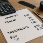 Uma lista de preços de serviços de salão de beleza em uma mesa com preços de cortes de cabelo, cores e tratamentos, ao lado de uma calculadora, tesoura, pente preto e um recipiente preto fechado.