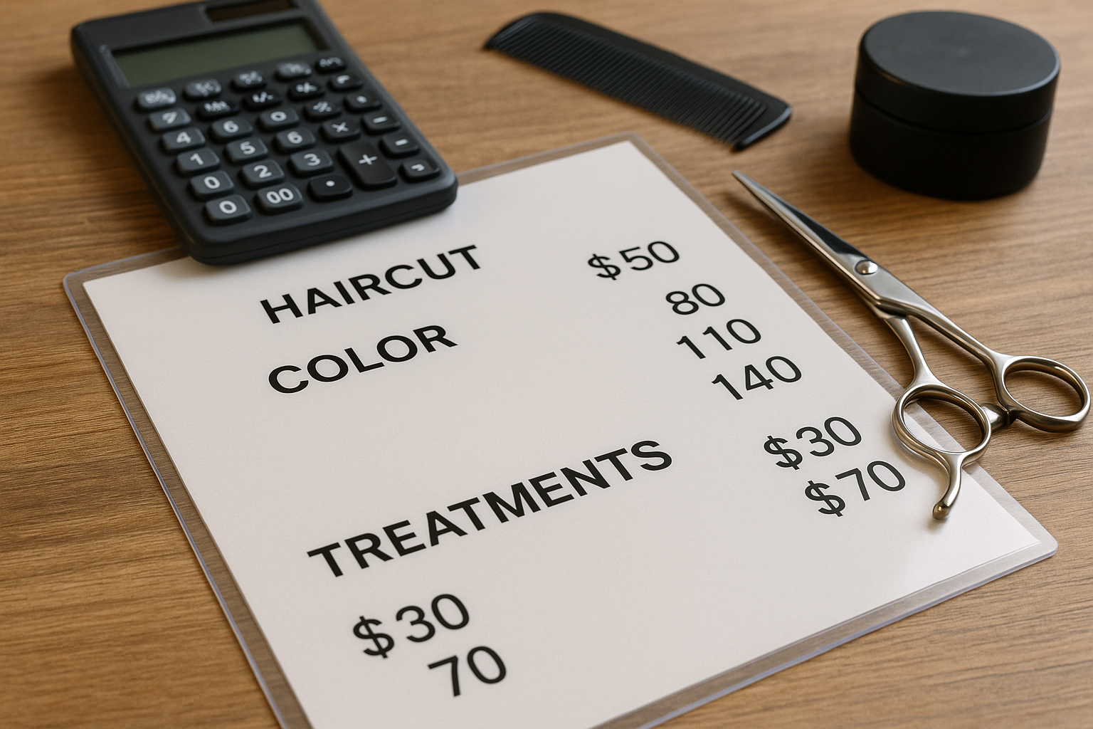 Uma lista de preços de serviços de salão de beleza em uma mesa com preços de cortes de cabelo, cores e tratamentos, ao lado de uma calculadora, tesoura, pente preto e um recipiente preto fechado.