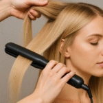 Uma pessoa está penteando seu cabelo liso e loiro com um alisador de cabelo preto, enquanto outra mão segura uma seção do cabelo. Os olhos da pessoa estão fechados e o fundo é neutro.