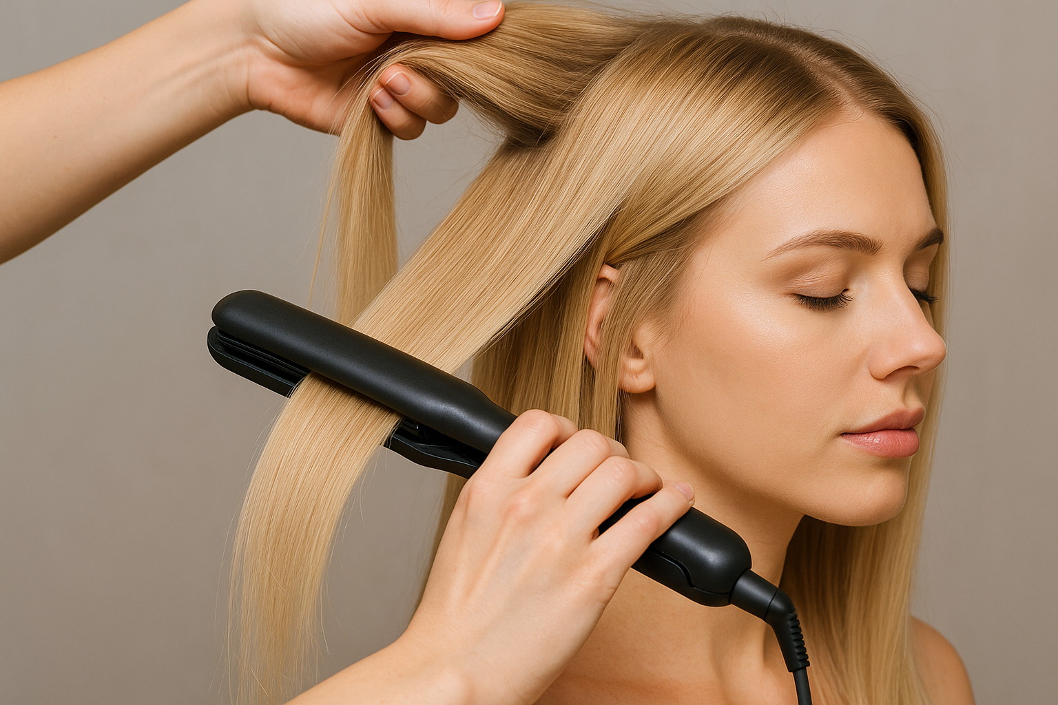 Uma pessoa está penteando seu cabelo liso e loiro com um alisador de cabelo preto, enquanto outra mão segura uma seção do cabelo. Os olhos da pessoa estão fechados e o fundo é neutro.