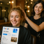 Uma mulher está sentada em uma cadeira de salão segurando um tablet que mostra um resultado de pesquisa do Google para um salão de cabeleireiro, enquanto um cabeleireiro está atrás dela, sorrindo e arrumando seu cabelo. O interior do salão é visível ao fundo.