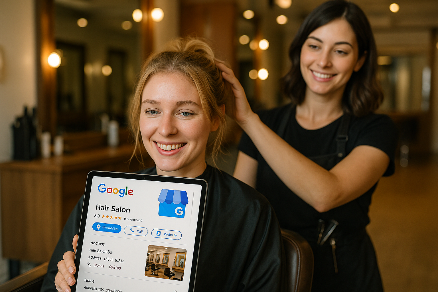 Uma mulher está sentada em uma cadeira de salão segurando um tablet que mostra um resultado de pesquisa do Google para um salão de cabeleireiro, enquanto um cabeleireiro está atrás dela, sorrindo e arrumando seu cabelo. O interior do salão é visível ao fundo.