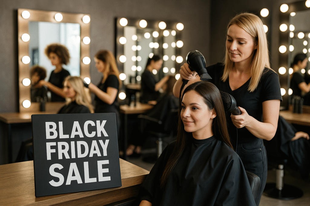 Um cabeleireiro secando o cabelo de uma mulher em um salão de beleza. Outros clientes são visíveis ao fundo. Uma placa em uma mesa em primeiro plano diz BLACK FRIDAY SALE em letras brancas em negrito.