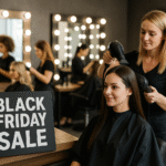 Um cabeleireiro secando o cabelo de uma mulher em um salão de beleza. Outros clientes são visíveis ao fundo. Uma placa em uma mesa em primeiro plano diz BLACK FRIDAY SALE em letras brancas em negrito.