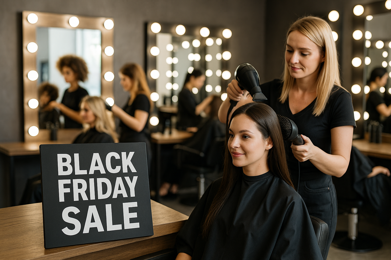 Um cabeleireiro secando o cabelo de uma mulher em um salão de beleza. Outros clientes são visíveis ao fundo. Uma placa em uma mesa em primeiro plano diz BLACK FRIDAY SALE em letras brancas em negrito.