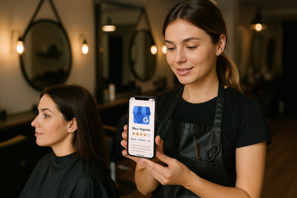 Um cabeleireiro com avental preto segura um smartphone que exibe uma avaliação cinco estrelas de uma empresa. Uma cliente com cabelo na altura dos ombros está sentada em uma cadeira de salão ao fundo. O salão tem espelhos e iluminação quente.