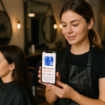 Um cabeleireiro com avental preto segura um smartphone que exibe uma avaliação cinco estrelas de uma empresa. Uma cliente com cabelo na altura dos ombros está sentada em uma cadeira de salão ao fundo. O salão tem espelhos e iluminação quente.