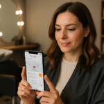 Uma mulher com uma capa de salão de beleza está sentada em um salão de cabeleireiro, segurando um smartphone e olhando para uma pesquisa de localização do Google Maps na tela. Prateleiras com produtos para cabelo e um espelho com luzes são visíveis ao fundo.