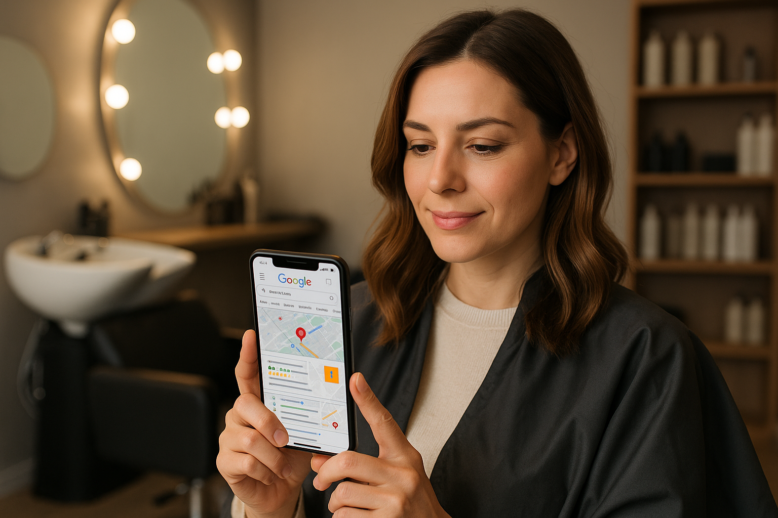Uma mulher com uma capa de salão de beleza está sentada em um salão de cabeleireiro, segurando um smartphone e olhando para uma pesquisa de localização do Google Maps na tela. Prateleiras com produtos para cabelo e um espelho com luzes são visíveis ao fundo.