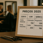 Uma moldura de madeira exibe uma lista de preços para 2025 serviços de salão de cabeleireiro em português, com preços para cortes, coloração, mechas, alisamento e relaxamento. Uma tesoura e um pente estão sobre a mesa; um cabeleireiro trabalha com um cliente ao fundo.