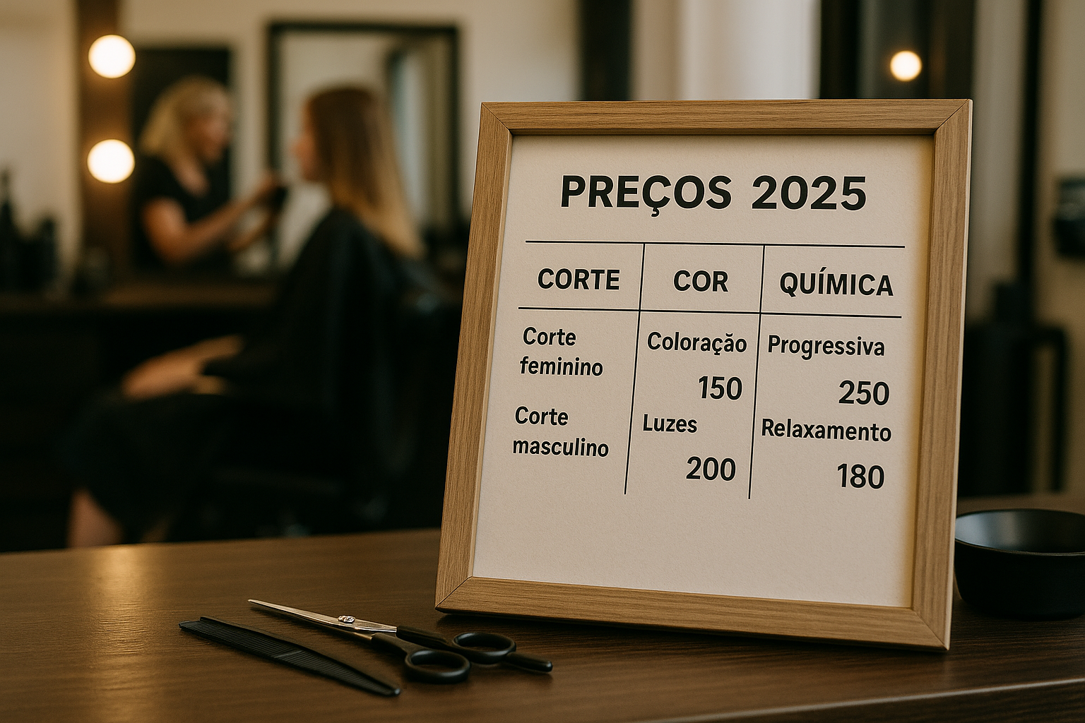 Uma moldura de madeira exibe uma lista de preços para 2025 serviços de salão de cabeleireiro em português, com preços para cortes, coloração, mechas, alisamento e relaxamento. Uma tesoura e um pente estão sobre a mesa; um cabeleireiro trabalha com um cliente ao fundo.