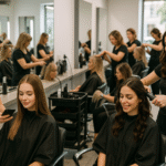 Duas mulheres sentadas em cadeiras de salão enquanto dois cabeleireiros, ambos vestindo camisas pretas, trabalham em seus cabelos. O salão tem espelhos grandes, iluminação forte e um reflexo de outras pessoas que também estão penteando o cabelo ao fundo.