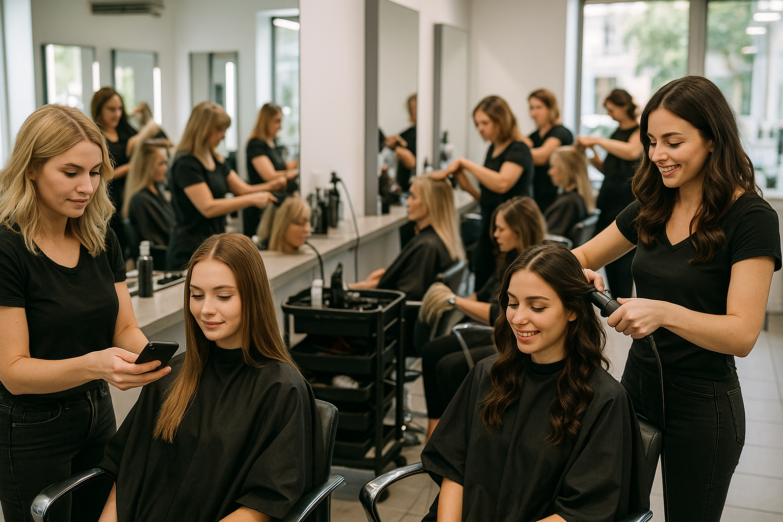 Duas mulheres sentadas em cadeiras de salão enquanto dois cabeleireiros, ambos vestindo camisas pretas, trabalham em seus cabelos. O salão tem espelhos grandes, iluminação forte e um reflexo de outras pessoas que também estão penteando o cabelo ao fundo.