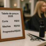 Uma lista de preços emoldurada em português no balcão de um salão mostra os custos de 2025 serviços: corte de cabelo R$50, luzes R$150, alisamento R$200. Ao lado, há uma tesoura, um pente, um frasco de spray e uma pessoa desfocada ao fundo.