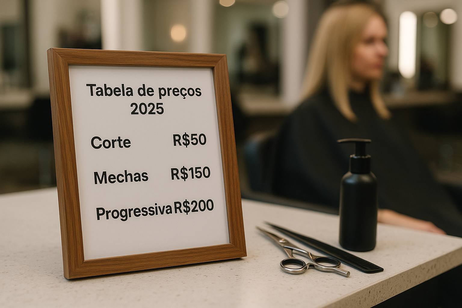 Uma lista de preços emoldurada em português no balcão de um salão mostra os custos de 2025 serviços: corte de cabelo R$50, luzes R$150, alisamento R$200. Ao lado, há uma tesoura, um pente, um frasco de spray e uma pessoa desfocada ao fundo.