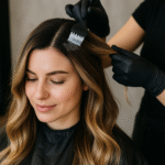 Um cabeleireiro usando luvas pretas aplica tinta no cabelo de uma mulher usando uma escova. A mulher, envolta em uma capa preta de salão, está sentada com os olhos fechados e uma expressão relaxada.