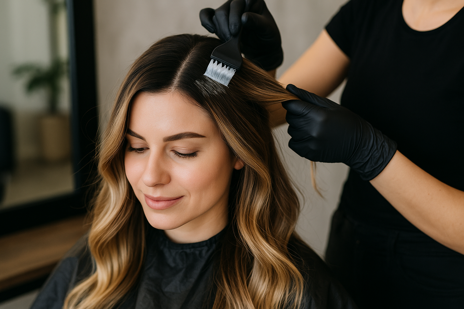 Um cabeleireiro usando luvas pretas aplica tinta no cabelo de uma mulher usando uma escova. A mulher, envolta em uma capa preta de salão, está sentada com os olhos fechados e uma expressão relaxada.