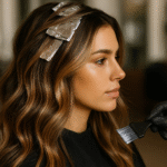 Uma pessoa com cabelos castanhos longos e ondulados senta-se em uma cadeira de salão de beleza com folhas no cabelo. Uma mão enluvada segura um pincel, aplicando cor ou tratamento em seu cabelo. O fundo está suavemente desfocado.