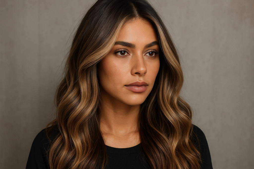 Uma mulher com longos cabelos castanhos ondulados e mechas claras está olhando ligeiramente para o lado. Ela tem uma expressão neutra e está usando um top preto contra um fundo liso de cor clara.