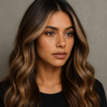 Uma mulher com longos cabelos castanhos ondulados e mechas claras está olhando ligeiramente para o lado. Ela tem uma expressão neutra e está usando um top preto contra um fundo liso de cor clara.