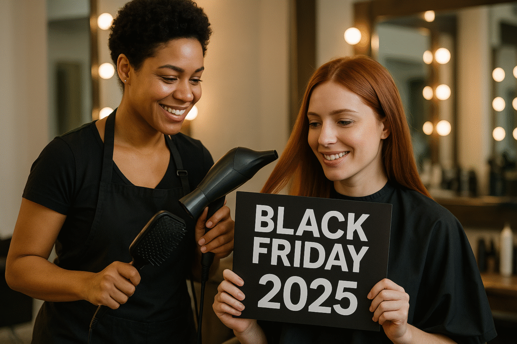 Um cabeleireiro sorri enquanto segura um secador de cabelo ao lado de uma cliente com longos cabelos ruivos, que está segurando uma placa com a inscrição BLACK FRIDAY 2025 em um salão de beleza com espelhos iluminados ao fundo.