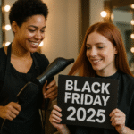 Um cabeleireiro sorri enquanto segura um secador de cabelo ao lado de uma cliente com longos cabelos ruivos, que está segurando uma placa com a inscrição BLACK FRIDAY 2025 em um salão de beleza com espelhos iluminados ao fundo.