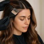 Uma pessoa com cabelos castanhos longos e ondulados senta-se com os olhos fechados enquanto alguém usando luvas pretas aplica tinta de cabelo em suas raízes com um pincel.