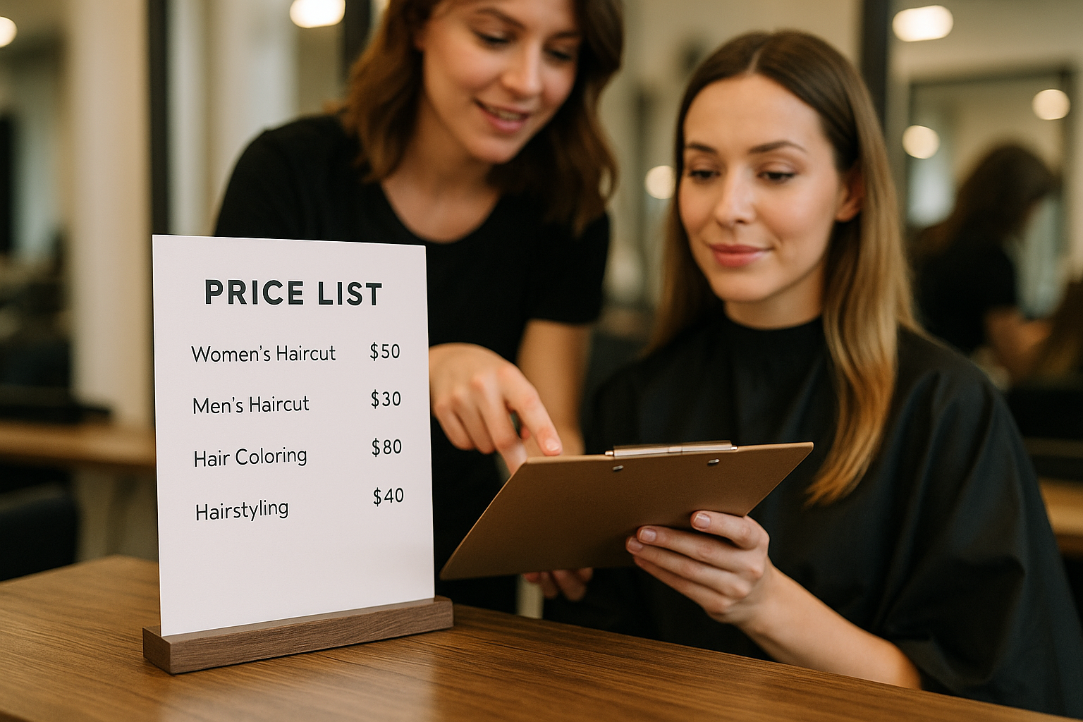 Duas mulheres em um salão de cabeleireiro olham juntas para uma prancheta. Uma lista de preços sobre a mesa mostra os custos de cortes de cabelo femininos e masculinos, coloração e penteados, com espelhos e cadeiras de salão ao fundo.