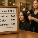 Uma placa emoldurada no balcão de um salão de beleza lista os preços de 2025 para corte de cabelo a US$ 40, coloração a US$ 70 e escova a US$ 50. Ao fundo, um estilista se prepara para trabalhar no cabelo de uma cliente.