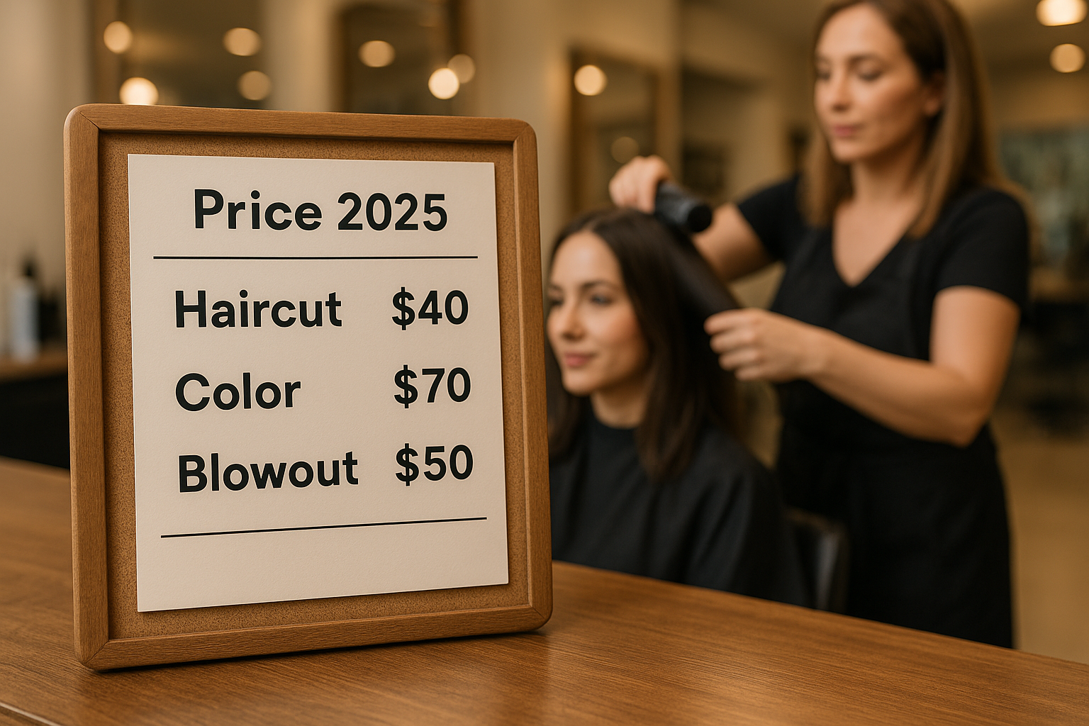Uma placa emoldurada no balcão de um salão de beleza lista os preços de 2025 para corte de cabelo a US$ 40, coloração a US$ 70 e escova a US$ 50. Ao fundo, um estilista se prepara para trabalhar no cabelo de uma cliente.