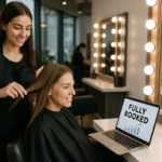 Um cabeleireiro está atrás de uma cliente sorridente em um salão, segurando o cabelo da cliente. Um laptop no balcão exibe as palavras Fully Booked (Totalmente reservado). O salão tem espelhos grandes com luzes e escovas de cabelo no balcão.
