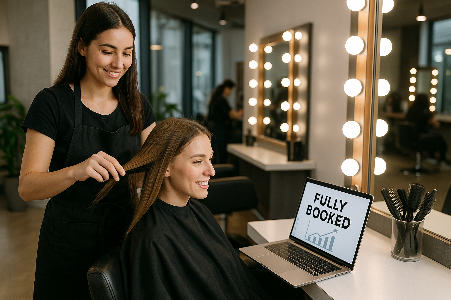 Um cabeleireiro está atrás de uma cliente sorridente em um salão, segurando o cabelo da cliente. Um laptop no balcão exibe as palavras Fully Booked (Totalmente reservado). O salão tem espelhos grandes com luzes e escovas de cabelo no balcão.