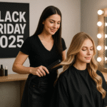 Um cabeleireiro usa uma chapinha para modelar o cabelo de uma mulher sentada em um salão. Uma grande placa da Black Friday 2025 está visível na parede e um espelho com luzes está ao fundo.