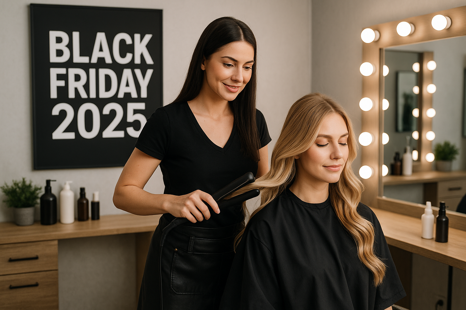 Um cabeleireiro usa uma chapinha para modelar o cabelo de uma mulher sentada em um salão. Uma grande placa da Black Friday 2025 está visível na parede e um espelho com luzes está ao fundo.