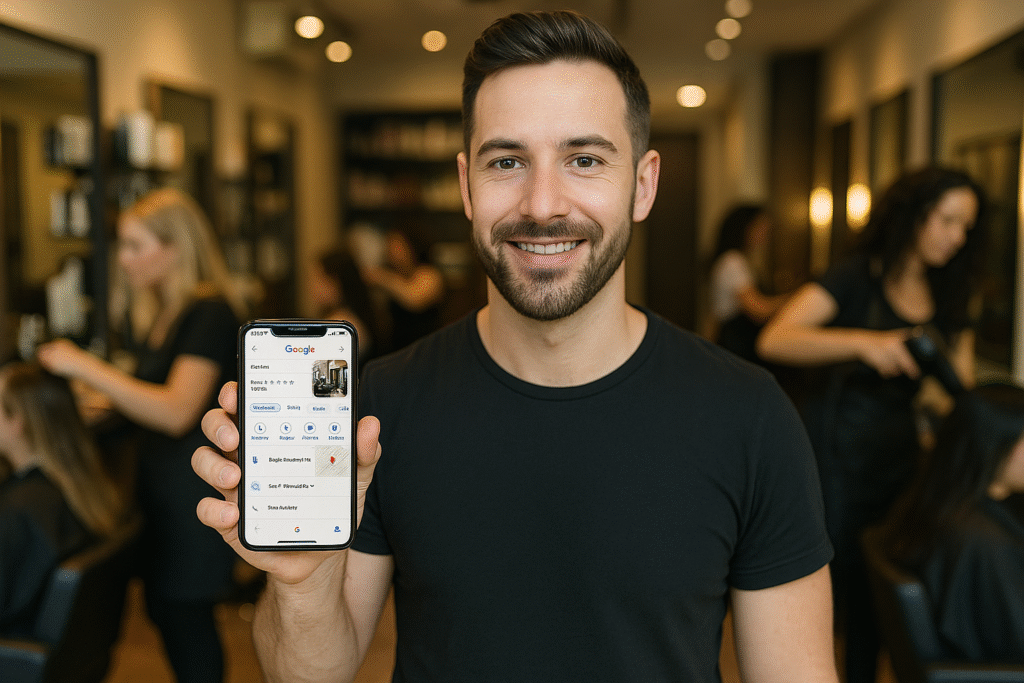 Um homem vestindo uma camiseta preta está em um salão de cabeleireiro, sorrindo e segurando um smartphone que exibe uma página de perfil comercial do Google. Várias pessoas podem ser vistas ao fundo trabalhando nos cabelos dos clientes.