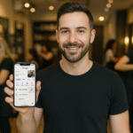 Um homem vestindo uma camiseta preta está em um salão de cabeleireiro, sorrindo e segurando um smartphone que exibe uma página de perfil comercial do Google. Várias pessoas podem ser vistas ao fundo trabalhando nos cabelos dos clientes.