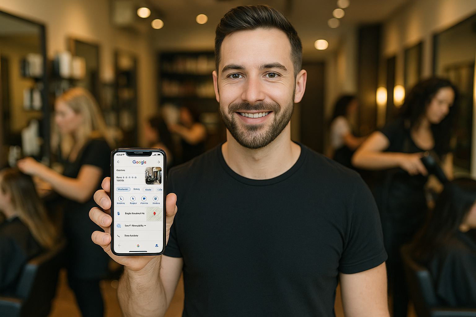 Um homem vestindo uma camiseta preta está em um salão de cabeleireiro, sorrindo e segurando um smartphone que exibe uma página de perfil comercial do Google. Várias pessoas podem ser vistas ao fundo trabalhando nos cabelos dos clientes.