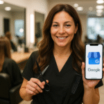 Uma mulher em um salão de cabeleireiro segura uma tesoura e um pente em uma mão e um smartphone exibindo o logotipo do Perfil comercial do Google na outra, sorrindo para a câmera. Outras pessoas estão sentadas em estações do salão ao fundo.