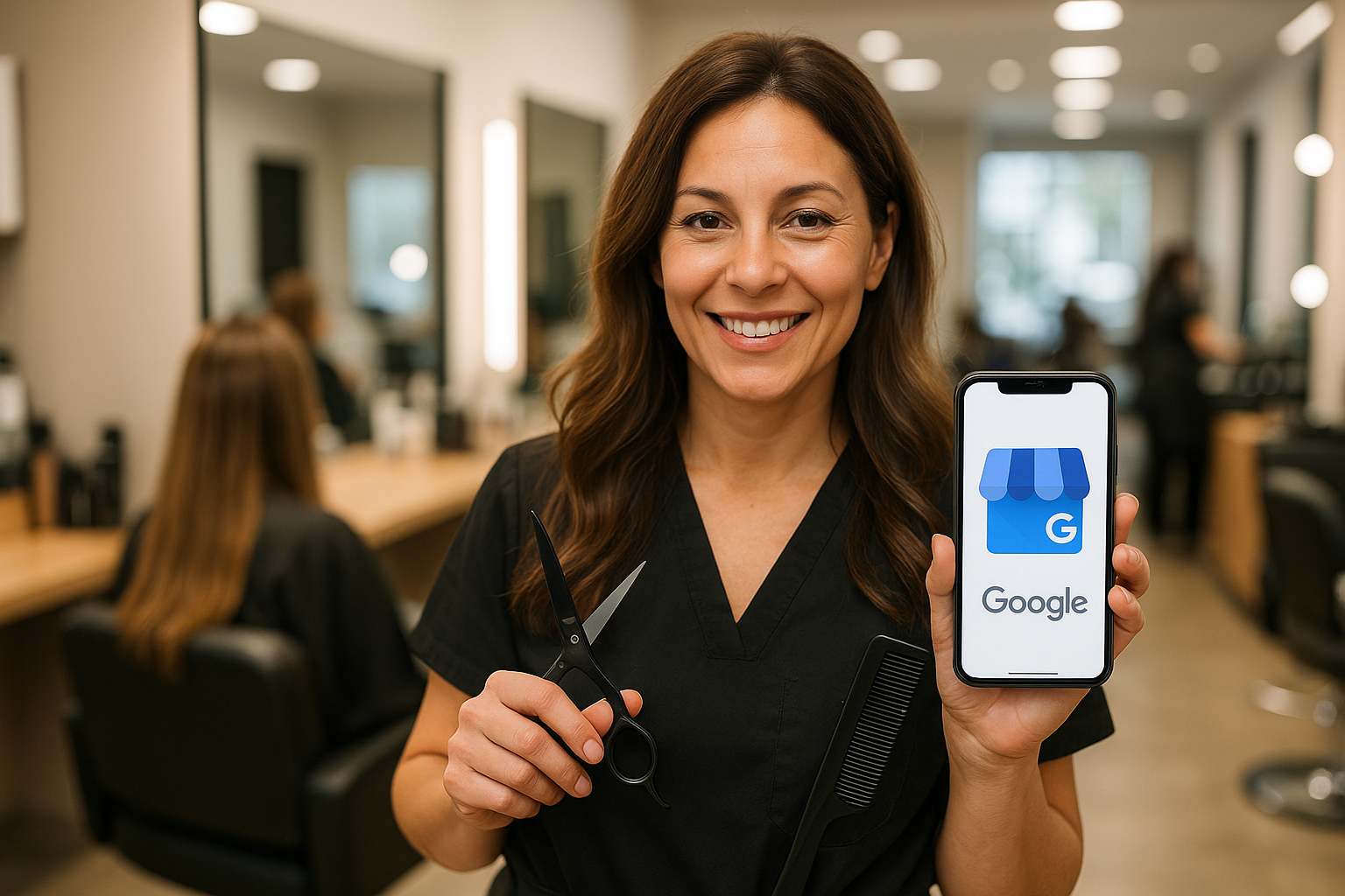 Uma mulher em um salão de cabeleireiro segura uma tesoura e um pente em uma mão e um smartphone exibindo o logotipo do Perfil comercial do Google na outra, sorrindo para a câmera. Outras pessoas estão sentadas em estações do salão ao fundo.