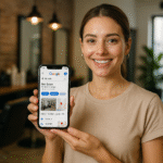 Uma mulher em pé em um salão de cabeleireiro segura um smartphone que exibe um resultado de pesquisa do Google para um salão de cabeleireiro. Ela está sorrindo para a câmera, e as cadeiras e os espelhos do salão estão visíveis ao fundo.