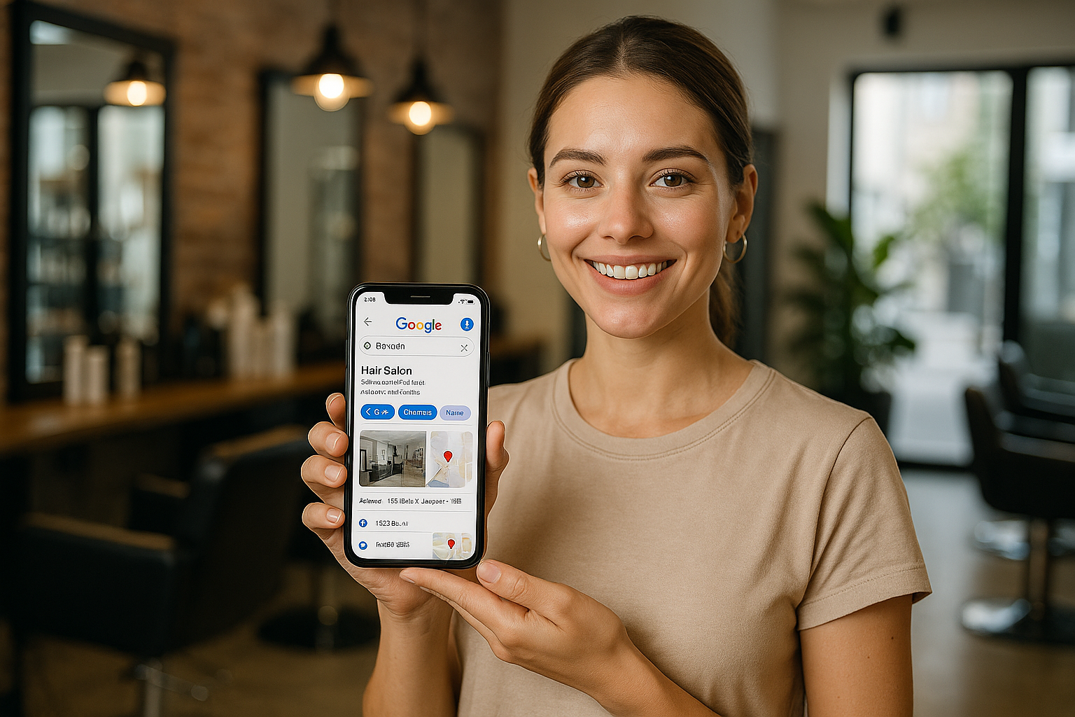 Uma mulher em pé em um salão de cabeleireiro segura um smartphone que exibe um resultado de pesquisa do Google para um salão de cabeleireiro. Ela está sorrindo para a câmera, e as cadeiras e os espelhos do salão estão visíveis ao fundo.