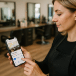 Uma mulher usando um avental preto segura um smartphone, visualizando a localização de um salão de cabeleireiro em um aplicativo de mapa. O plano de fundo mostra cadeiras de salão vazias e espelhos em um salão de cabeleireiro moderno.