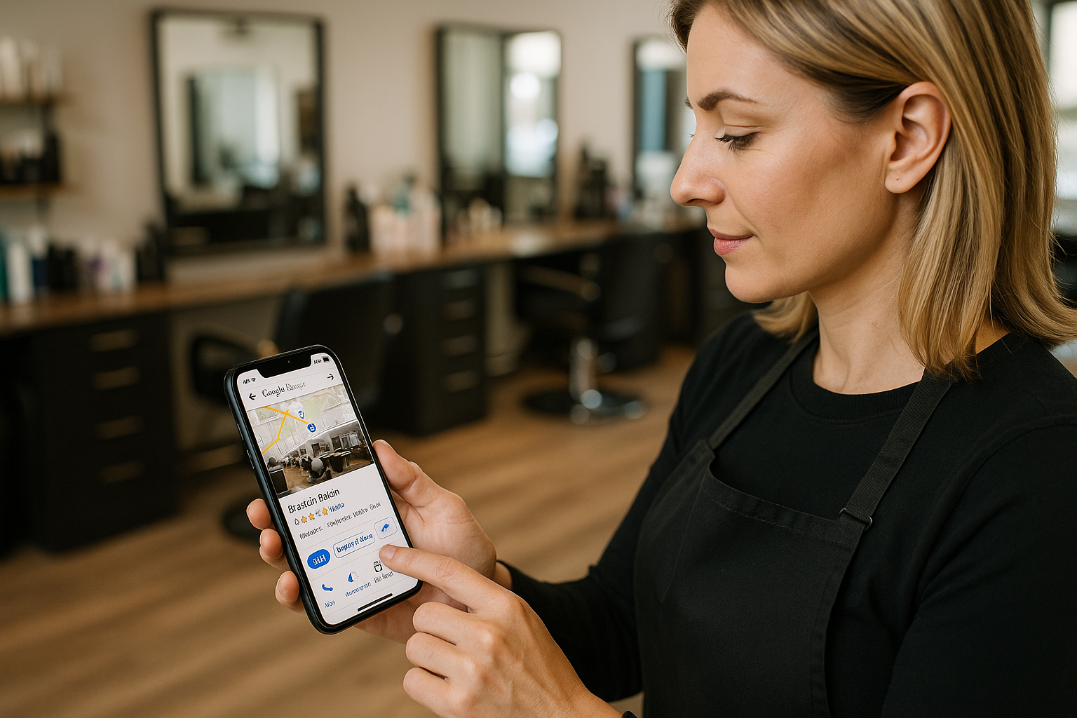 Uma mulher usando um avental preto segura um smartphone, visualizando a localização de um salão de cabeleireiro em um aplicativo de mapa. O plano de fundo mostra cadeiras de salão vazias e espelhos em um salão de cabeleireiro moderno.