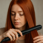 Uma mulher com longos cabelos ruivos lisos usa uma chapinha preta para alisar uma seção de seu cabelo. Ela tem os olhos fechados e está vestindo uma camisa bege, em frente a um fundo liso.